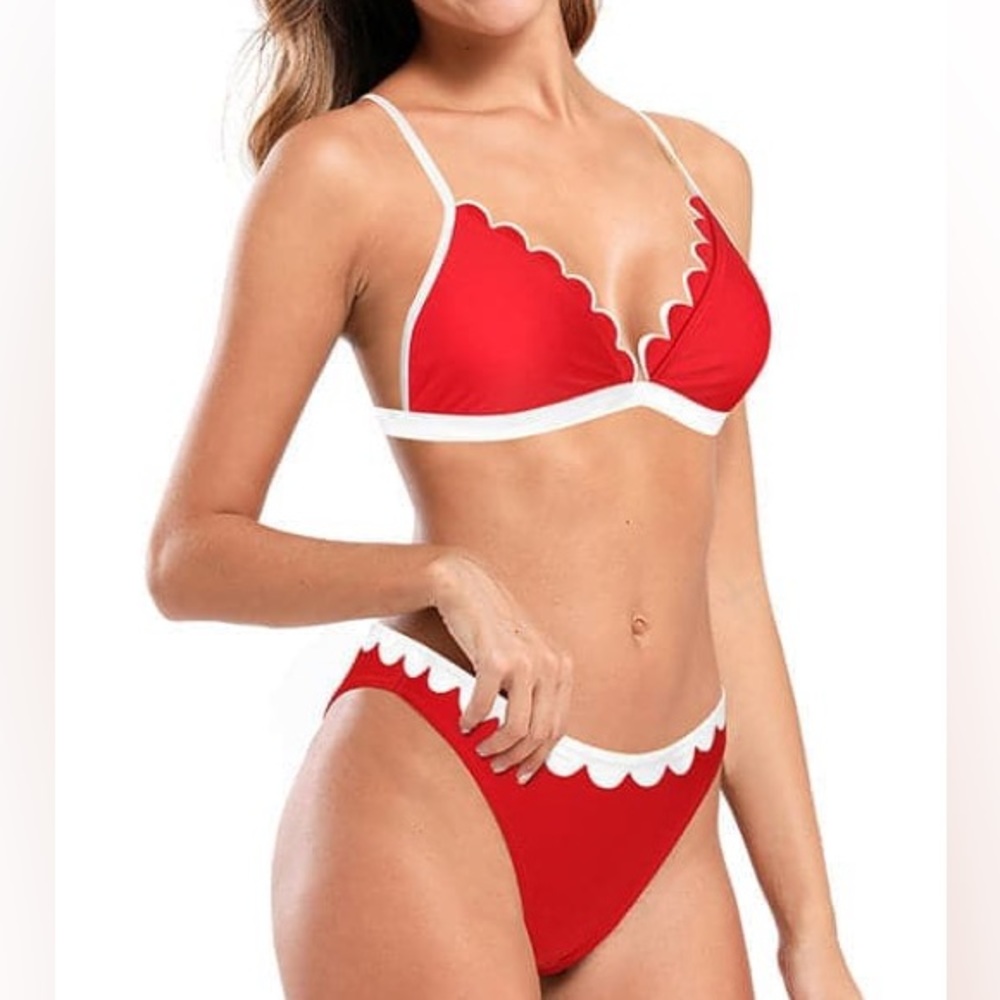 SHEKINI Red & white Scalloped Trim Triangle Sexy V-Neck Bikini size Large NWT